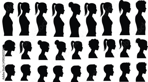 Human head profile silhouettes set, male and female side view black vector illustration for avatar identity hairstyle people icons isolated