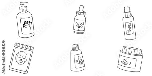 Hand-drawn doodle set of skincare elements on a white background.