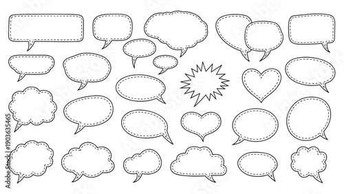 Large collection of hand drawn speech bubbles and thinking clouds in various shapes for comic and web design.