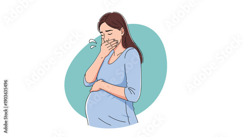 Pregnant woman wearing a blue dress feeling unwell and suffering from morning sickness against a blue background.