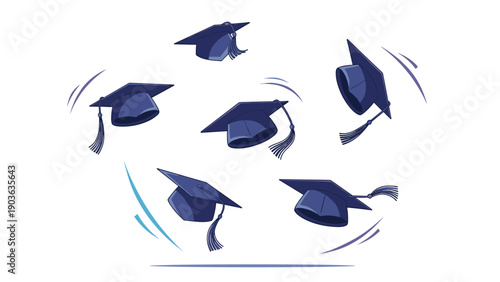 Group of dark blue graduation caps with tassels being thrown high into the air to celebrate student success.
