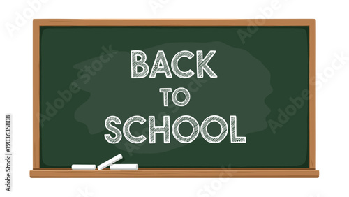 Classic green chalkboard with back to school text in white chalk and several pieces of chalk on the bottom tray.