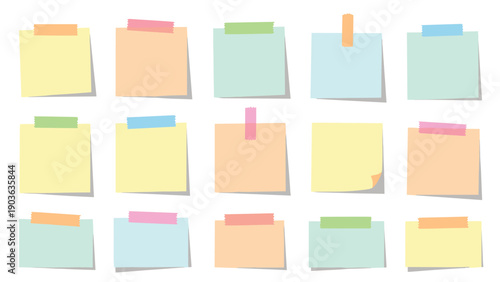 Collection of fifteen pastel colored square sticky notes each with a piece of colorful tape on a white background.