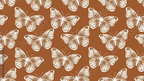 Hand drawn style pattern of many white butterflies with detailed wings on a warm brown background for design.