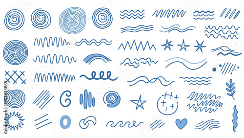 Extensive collection of hand drawn blue scribbles swirls waves stars and abstract shapes for creative design work.