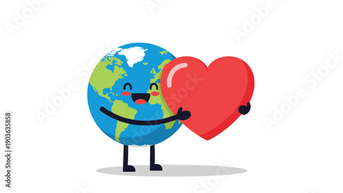 Happy cartoon earth character with a smiling face hugging a large red heart symbolizing love for our planet.