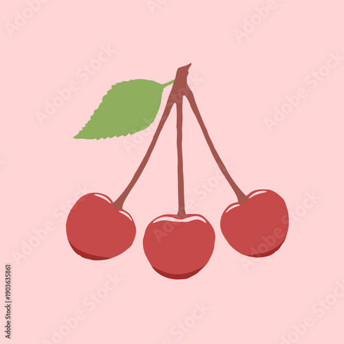 Three cherries on a bright red background, vector illustration