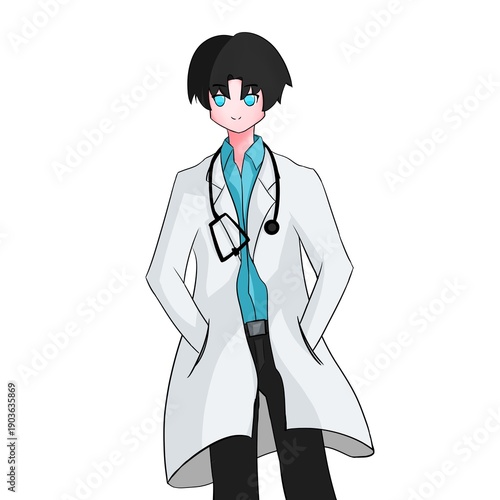 Illustration of a male doctor cartoon character with a stethoscope on a white background. Illustration of a medical character.