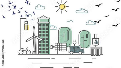 Line drawing of an eco-friendly cityscape with green buildings, wind turbine, solar panel, and electric car on a white background with sunny sky and birds.