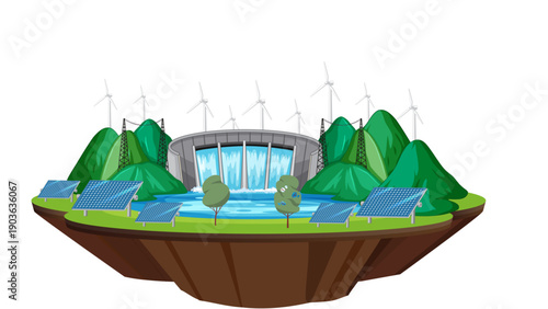 Illustration of a hydroelectric dam with solar panels and wind turbines on a stylized earth slice with green trees and blue water, conveying an eco-friendly energy concept.
