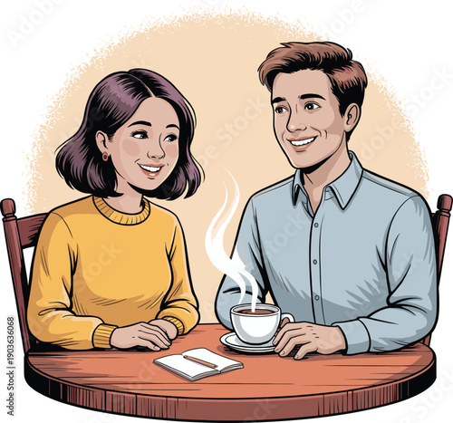 Couple sitting at table with coffee and notebook woman