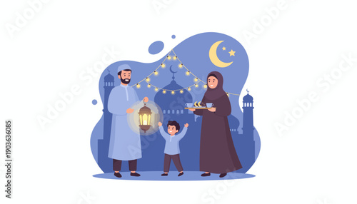 A family celebrates a festive occasion together, surrounded by lanterns and celestial elements in a serene environment from a straightforward viewpoint.