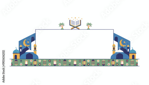 Illustration of a mosque scene with minarets, domes, and a Quran, vector art style