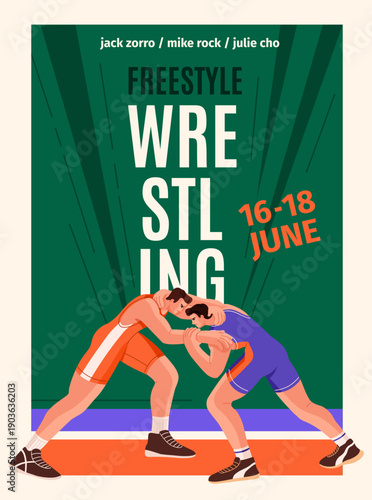 Promotion of freestyle wrestling match. Greco roman fighters during battle on advertising poster. Professional wrestlers are in fight. Athletes competition on sport event. Flat vector illustration.