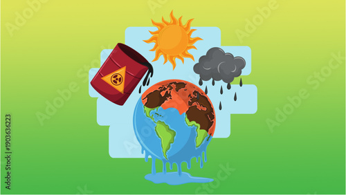 Graphic illustration of a melting globe with pollution and toxic waste, surrounded by a sun, raincloud, and green gradient background.