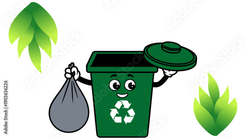 A cheerful green recycling bin character holding a trash bag and lifting its lid with green leaves around it on a white background.
