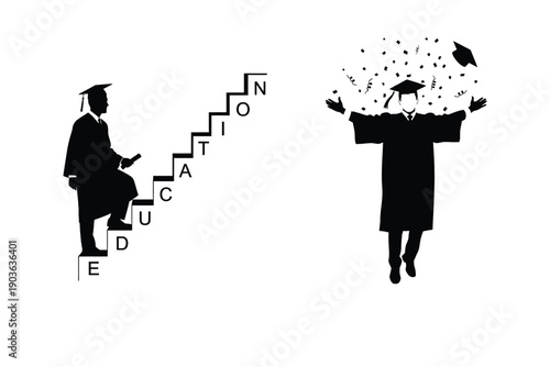 Graduation silhouette with confetti and diploma steps