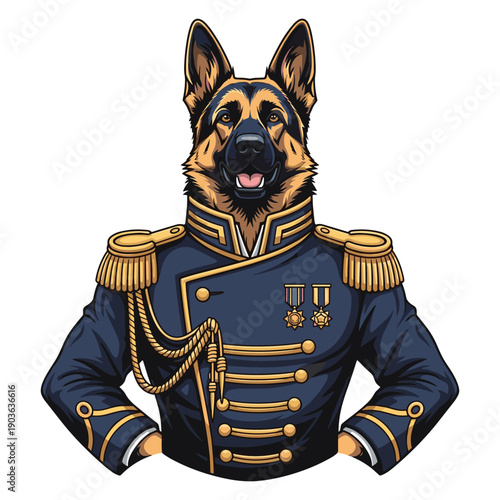 German shepherd dog in military uniform, distinguished leader, regal animal portrait