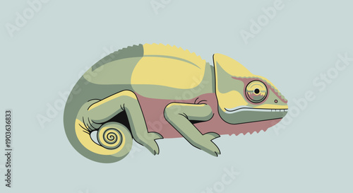 Colorful stylized illustration of a chameleon with curled tail and detailed eyes.