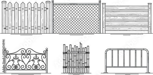 Black line set of garden fences and gates including wooden, metal, mesh, picket and decorative barrier designs isolated on white background