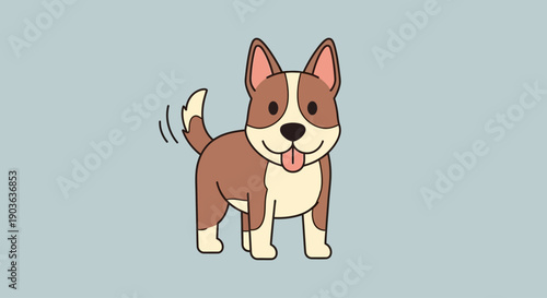Cute cartoon dog with brown and white fur standing on blue background.