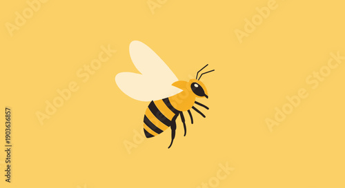 Illustration of a bee with yellow and black stripes on a light background.