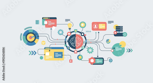 Conceptual illustration of cybersecurity and data protection with interconnected digital icons.