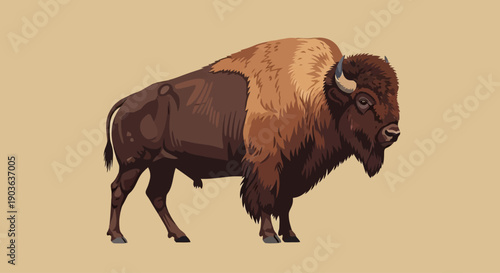 Illustration of a standing American bison with detailed fur and horns on a beige background.