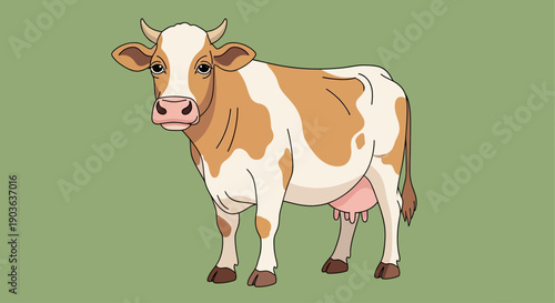 Illustration of a brown and white dairy cow standing on a green background.