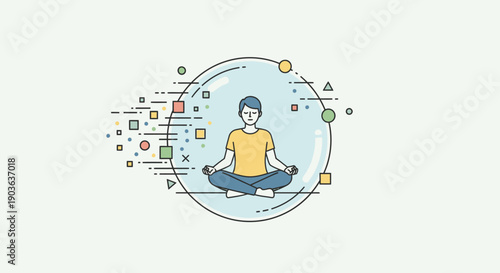 Person meditating in a digital and abstract environment symbolizing mindfulness and technology balance.