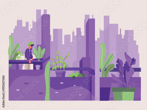 Peaceful city dweller cultivating a vibrant rooftop garden, bringing nature to the urban skyline in a modern illustration