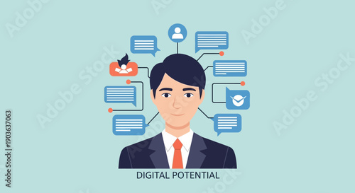 Businessman surrounded by digital communication and technology icons representing digital potential.