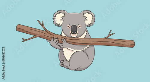 Cute cartoon koala holding a tree branch illustration.