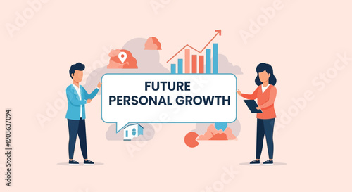 Illustration of future personal growth with people and financial icons.