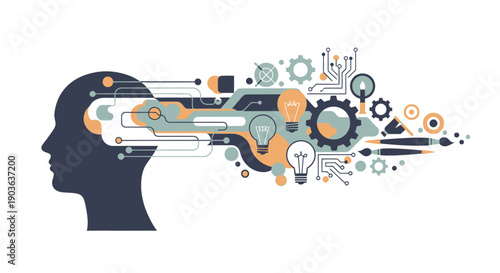 Conceptual illustration of human head with technology and innovation elements.