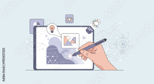 Digital illustration of hand drawing on tablet with creative design icons.