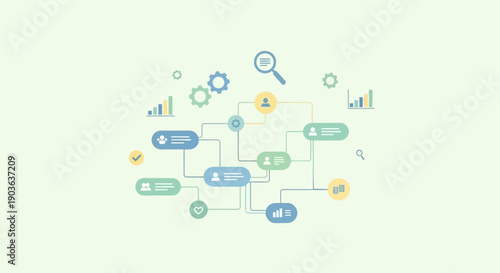 Illustration of a business process flowchart with interconnected nodes and icons.
