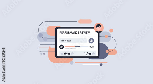 Illustration of a performance review on a digital device with rating stars and feedback.