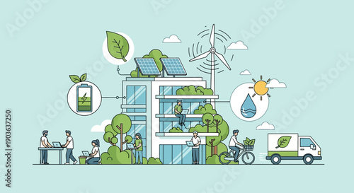 Sustainable urban living concept with green building and renewable energy.