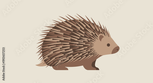 Illustration of a cute brown hedgehog with spines on a beige background.