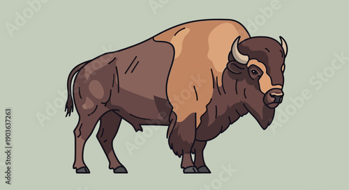 Illustration of a standing American bison with detailed fur and muscular build.