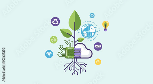 Conceptual illustration of sustainable technology and environmental innovation with green plant and digital icons.
