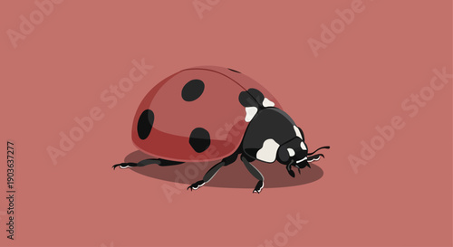 Close-up illustration of a red ladybug with black spots on a muted background.