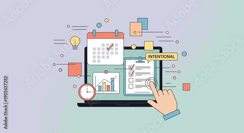 Conceptual illustration of intentional planning and time management with charts and checklists.
