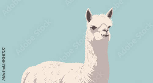 Illustration of a white alpaca with a calm expression on a muted blue background.