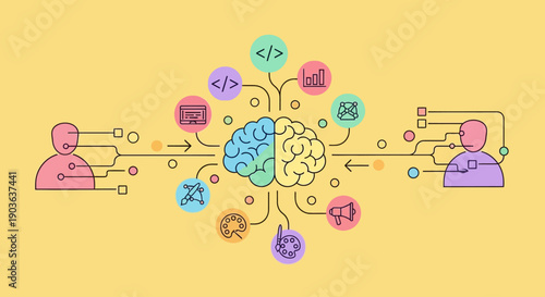 Conceptual illustration of artificial intelligence connecting human minds through technology.