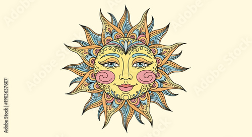 Intricately designed colorful sun with artistic facial features and decorative patterns.