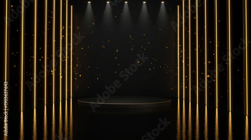 Elegant golden stage vertical glowing with lighting effect sparkle on black background. Template premium award design.	