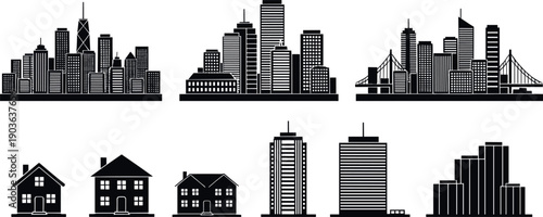 Black silhouette city skyline and building icon set featuring skyscrapers, residential houses, towers and urban architecture