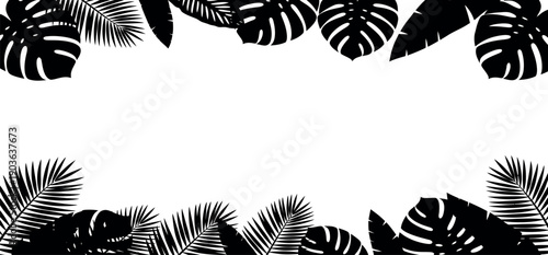 Tropical leaf silhouette border design with palm and monstera leaves